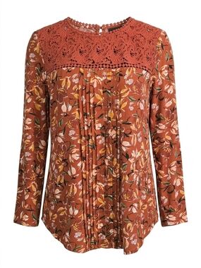 Daniel Rainn Rust Floral Lace-Yoke Long Sleeve Top
